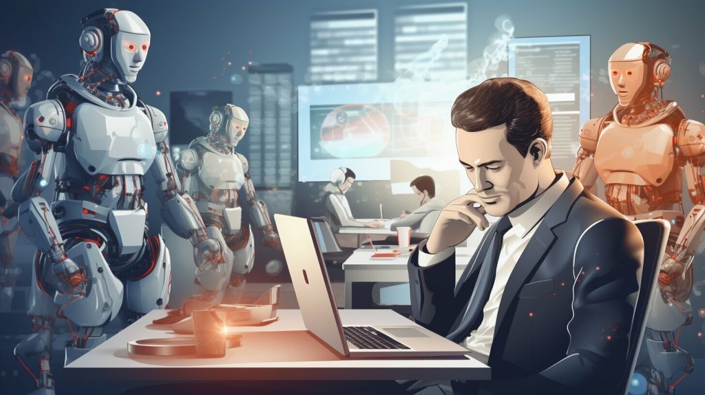 Illustration of AI chatbot in a business setting.